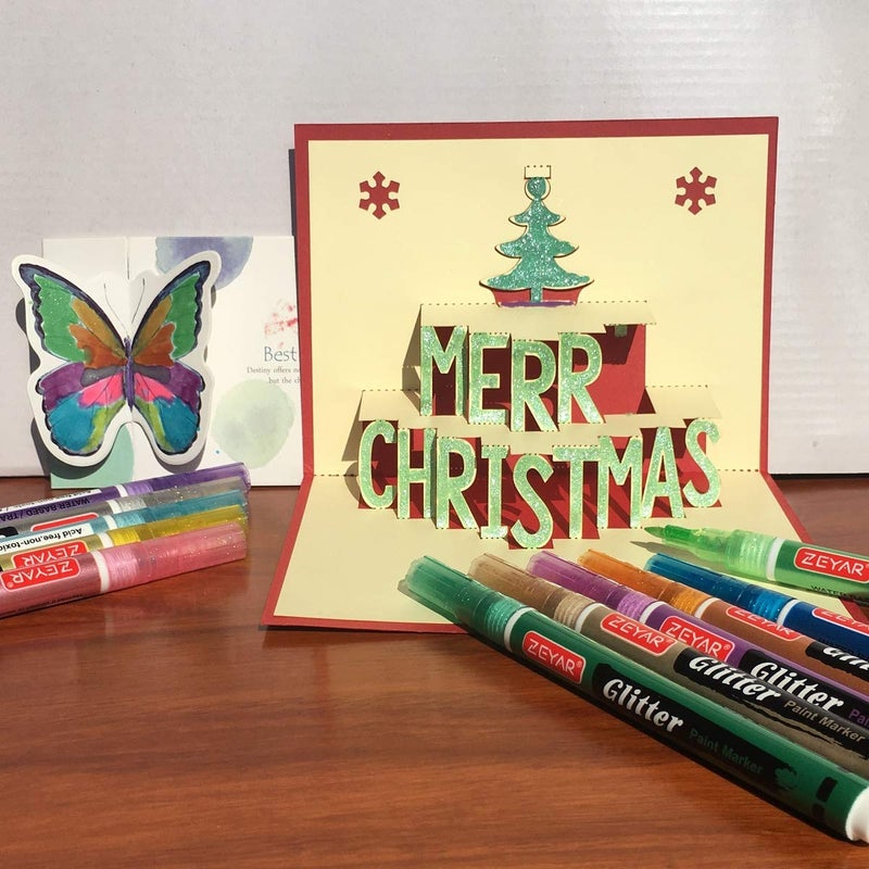 ZEYAR Glitter Paint Pens, Water based, Extra Fine Point, Nylon Tip, 12 Colors, Great for Gift Card, Poster, Album, Christmas Card and more. Non-Toxic and Safe - Image 5